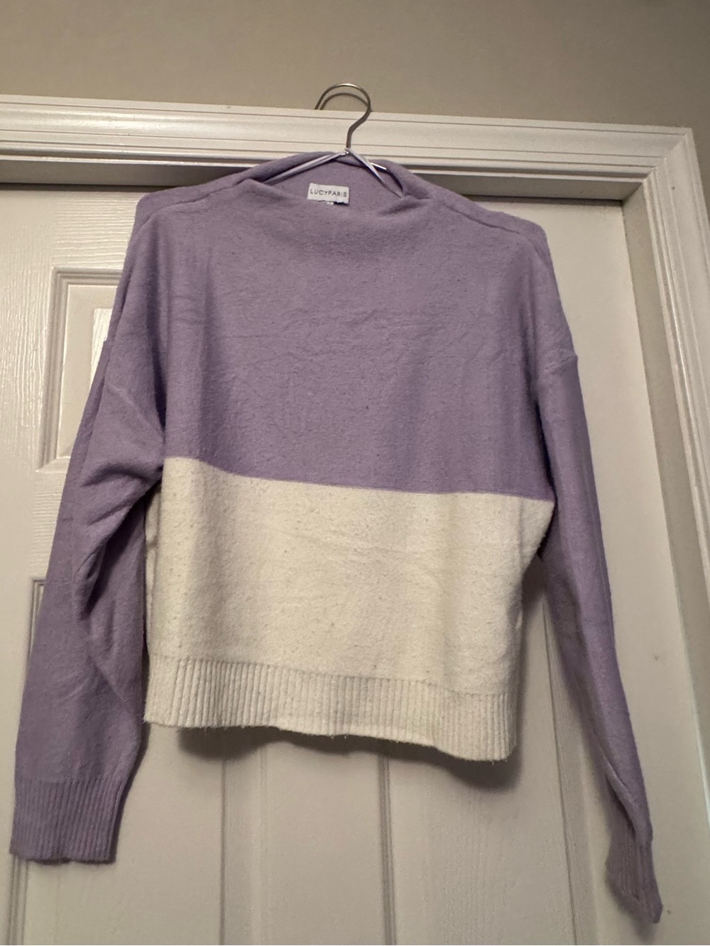 Lucy Paris Lavender and Cream Colorblock Turtleneck Sweater